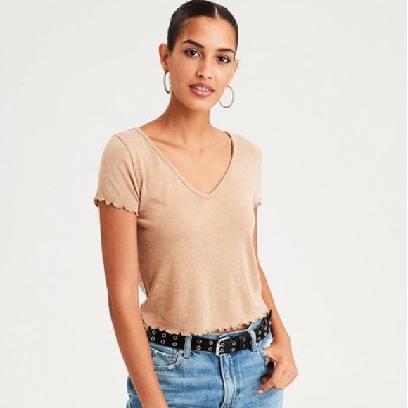 American Eagle Outfitters Tops - american eagle gold lettuce trim v neck